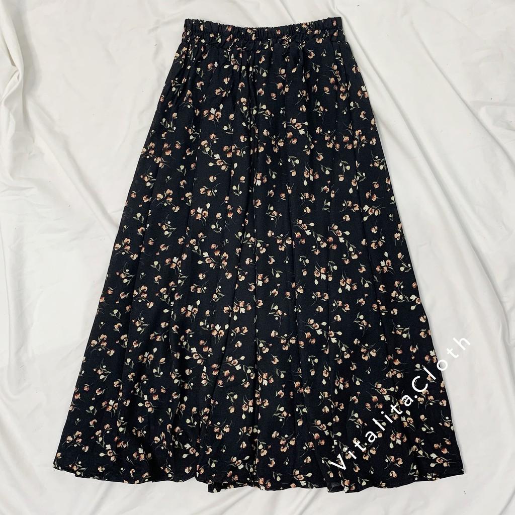 Chân váy hoa nhí Vintage vải voan 2 lớp eo chun dáng dài phong cách Ulzzang Hàn Quốc - MIX đồ cực xinh