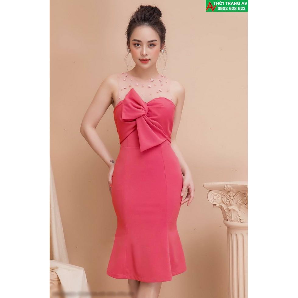 Đầm ôm body đuôi cá cúp ngực phối lưới đính nơ to - AV6201