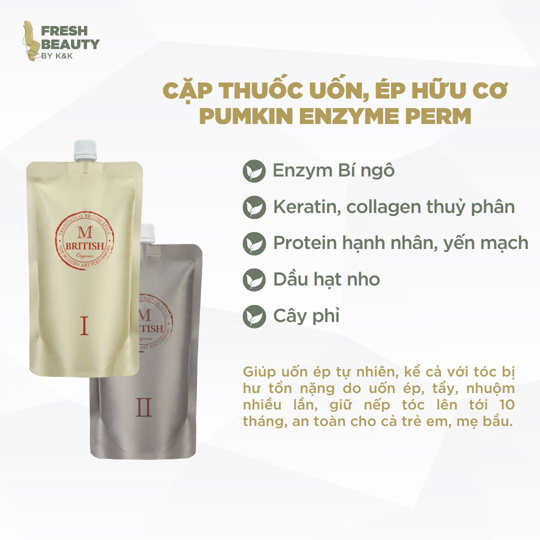 Cặp uốn, ép duỗi hữu cơ British M Pumkin Enzyme Perm phục hồi tóc hư tổn làm tại nhà, salon 400gx2