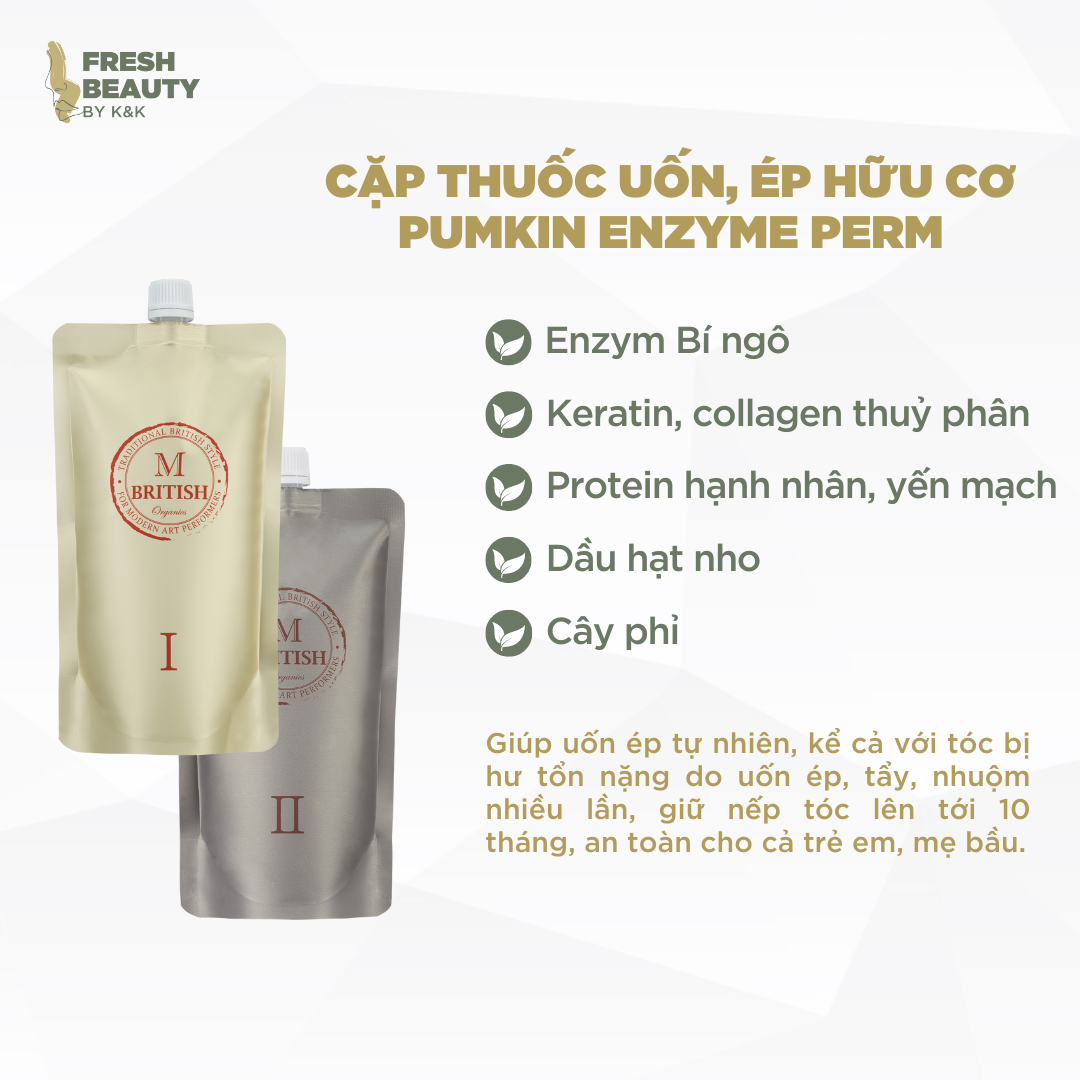 Cặp uốn, ép duỗi hữu cơ (organic) British M Pumkin Enzyme Perm phục hồi tóc hư tổn làm tại nhà, salon 400gx2