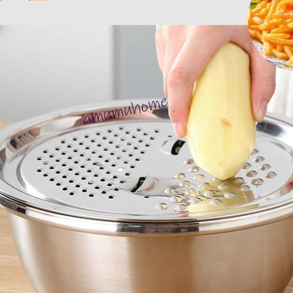 Bộ Rổ Inox Kèm Nạo Rau Củ 3 Chi Tiết Đa Năng Siêu Tiện Lợi