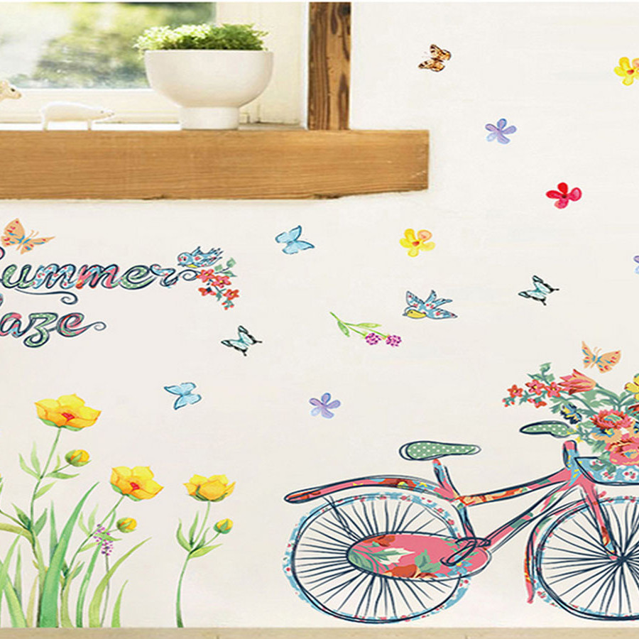 Decal dán tường xe đạp giỏ hoa summer