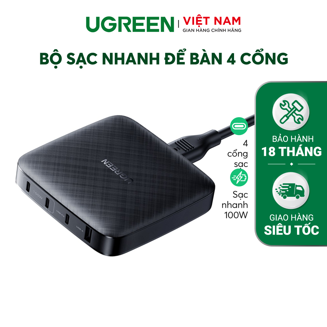 Bộ sạc nhanh 100W để bàn UGREEN 70869 Chuẩn sạc nhanh PD, QC 3.0 - Sạc được cho laptop - Hàng chính hãng