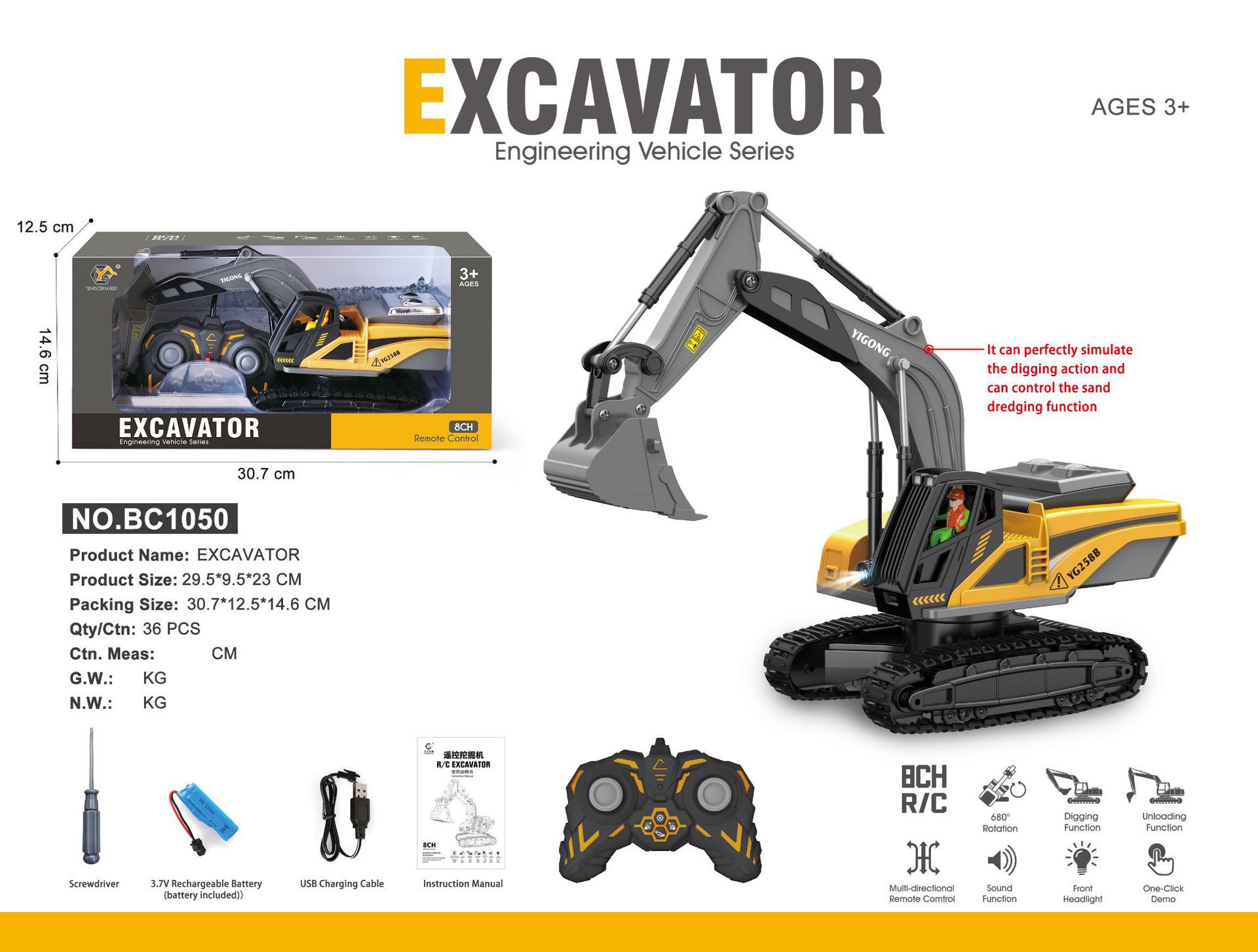 Xe điều khiển từ xa đồ chơi ô tô công trình cao cấp máy xúc xe ben gàu và thùng bằng hợp kim pin sạc dành cho bé, quà tặng sinh nhật