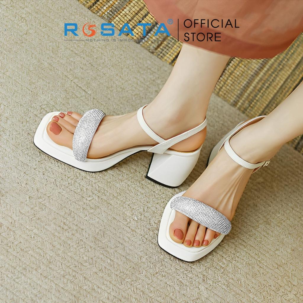 Giày cao gót nữ ROSATA RO469 mũi vuông xỏ ngón đính hạt quai hậu cài khóa dây mảnh gót vuông cao 8cm xuất xứ Việt Nam - Đen