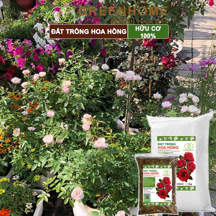 Đất trồng hoa hồng hữu cơ, bao 5 kg, đất đầy đủ dinh dưỡng, kháng bệnh tốt, sai hoa, bông to |Greenhome