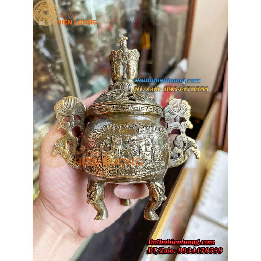 Lư Xông Trầm Màu Nâu Nắp Phật Tứ Diện Cao 15cm Bằng Đồng Hun nguyên Chất