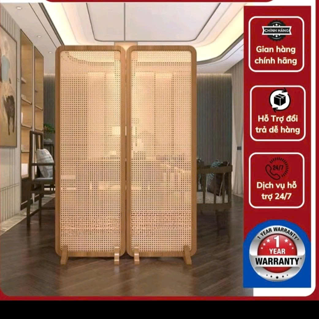 Vách ngăn bình phong vân gỗ kết hợp lưới mây mắt cáo