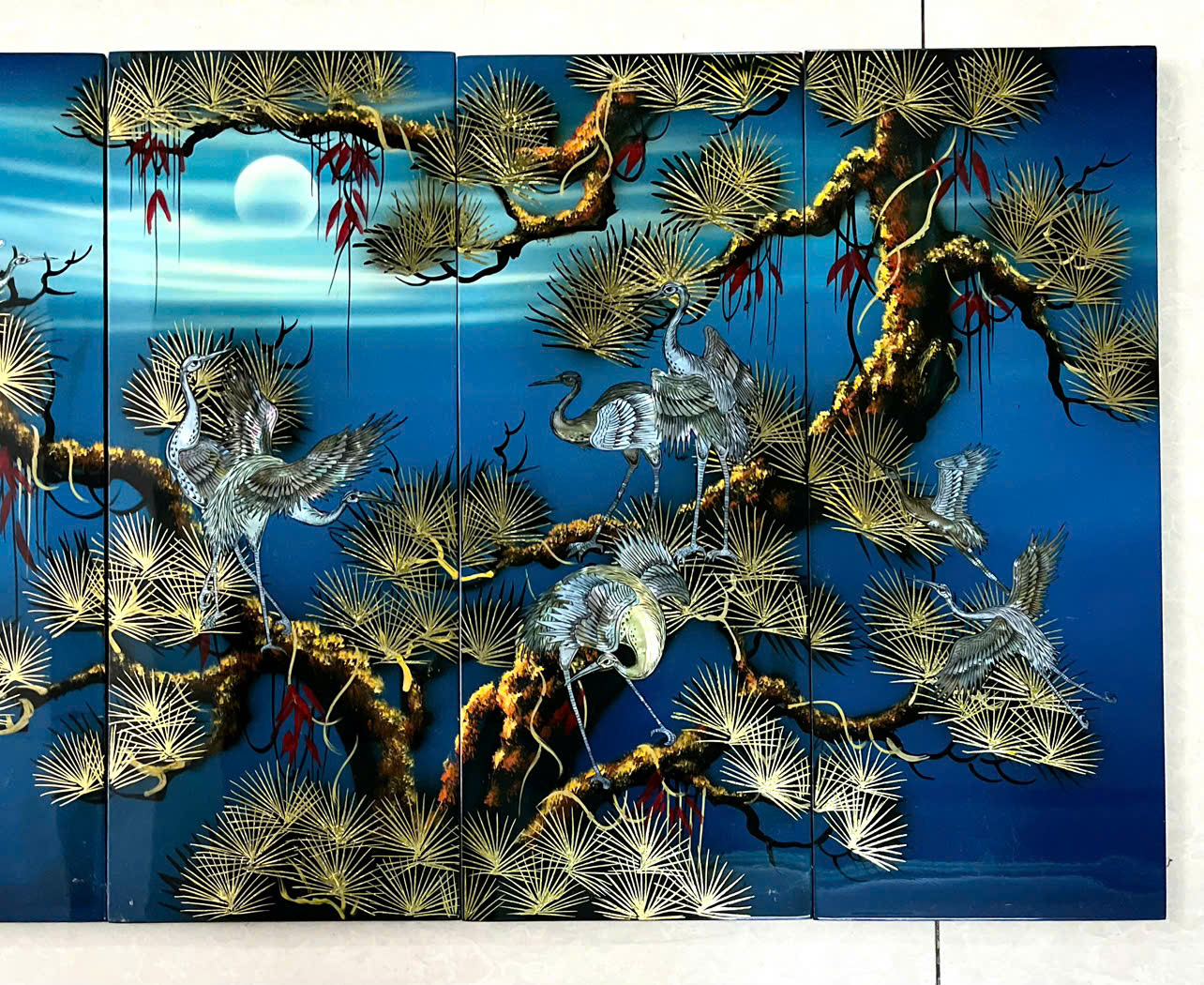 Bộ Tranh sơn mài 4 tấm -TÙNG HẠC DIÊN NIÊN - khảm cừ size 50x80 cm - Ý Nghĩa Phong Thủy