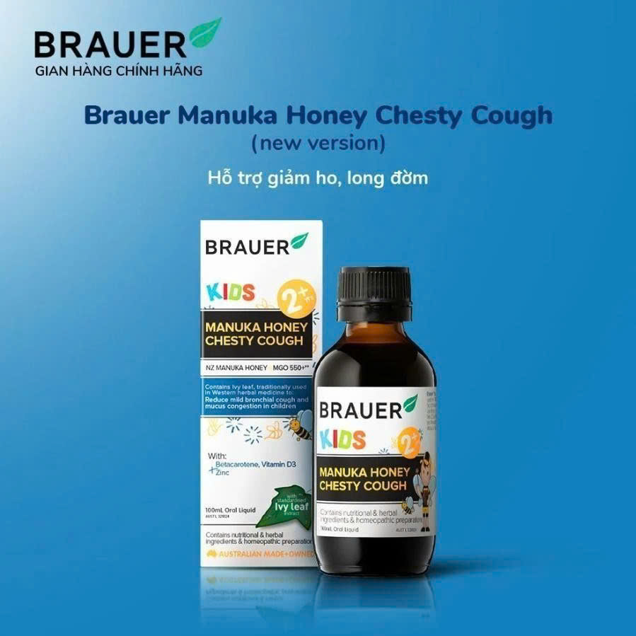 Sirop Brauer Manuka Honey Chesty Cough 100ml hỗ trợ giảm ho có đờm cho trẻ từ 2 tuổi