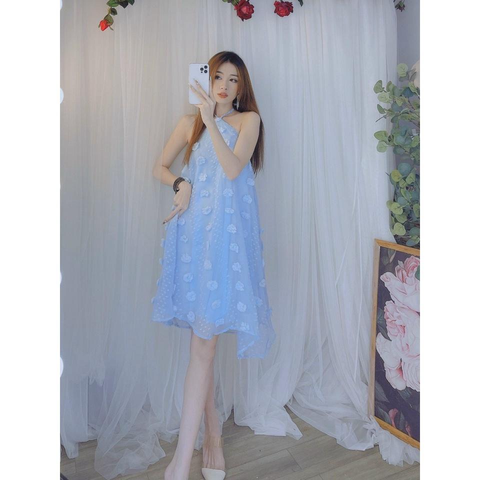 Váy cổ yếm nữ dáng xoè hoa nổi cao cấp siêu đẹp hình thật và video bầu bì bon chen duyên dáng bkfrreship