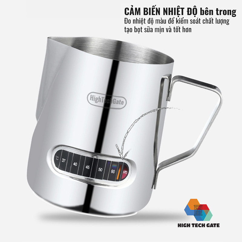 Ca đánh sữa inox HighTechGate 600ml MP60, tạo bọt sữa có cảm biến nhiệt độ, pha chế cà phê, cappuccino, lattee tiện lợi, hàng chính hãng