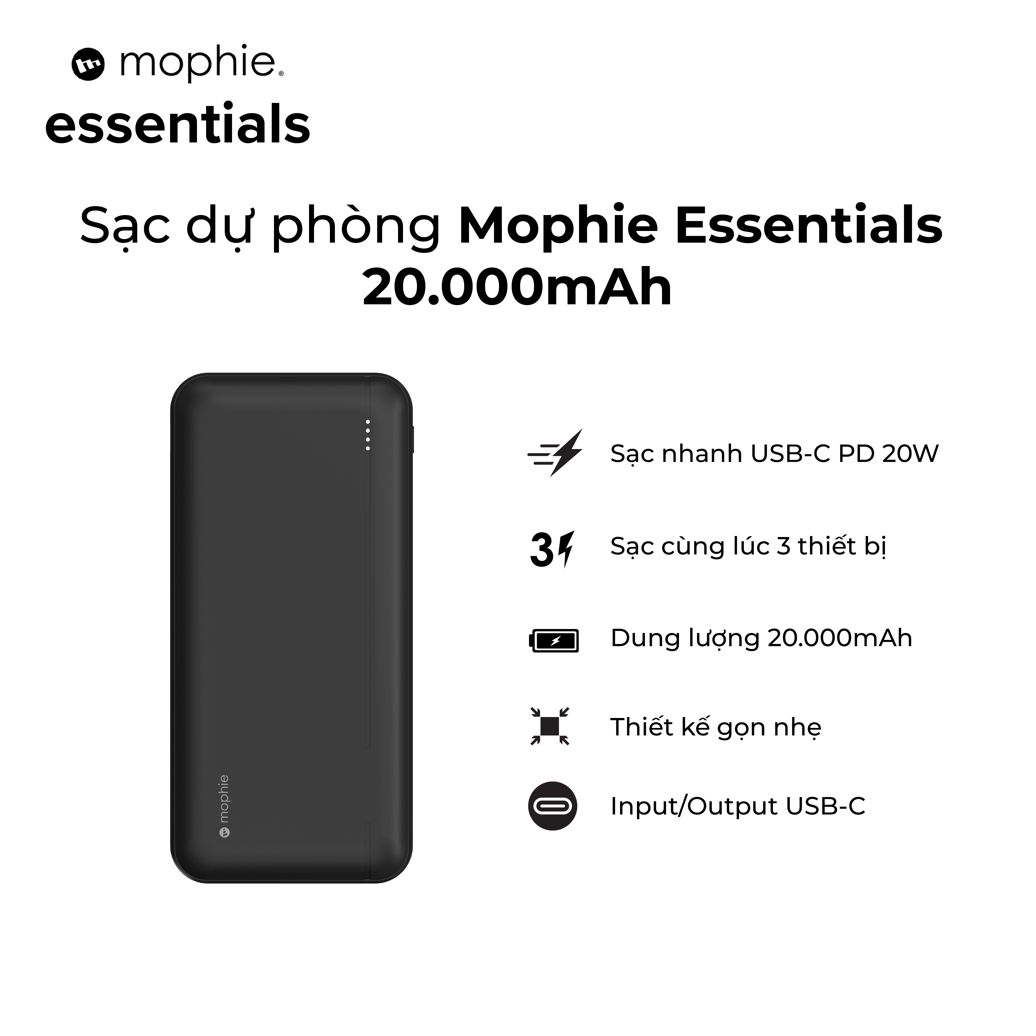 Sạc dự phòng Mophie Essentials 20.000mAh/3.7V PD20W 2 USB-A 1 USB-C, bảo hành 24 tháng 1 đổi 1 - Hàng chính hãng