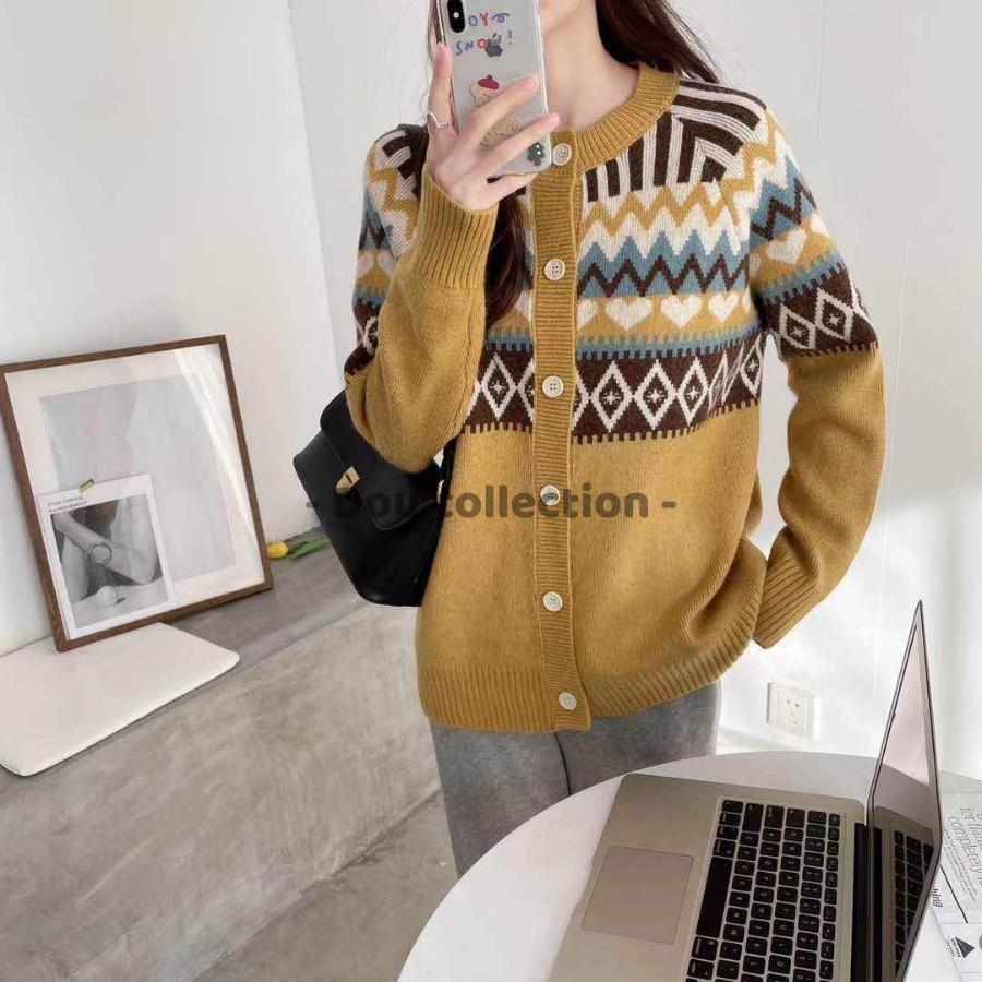 Áo Khoác Len Cardigan Cổ Tròn Thổ Cẩm Vintage Ôm Cá Tính Phong Cách Hàn Quốc Thời Trang Thu Đông - Mã TA020