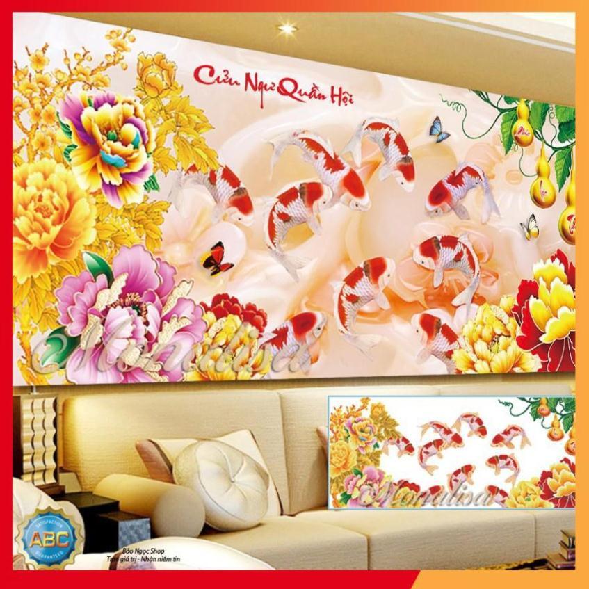 Tranh đính đá cá chép hoa mẫu đơn cửu ngư quần hội kt 200x90cm