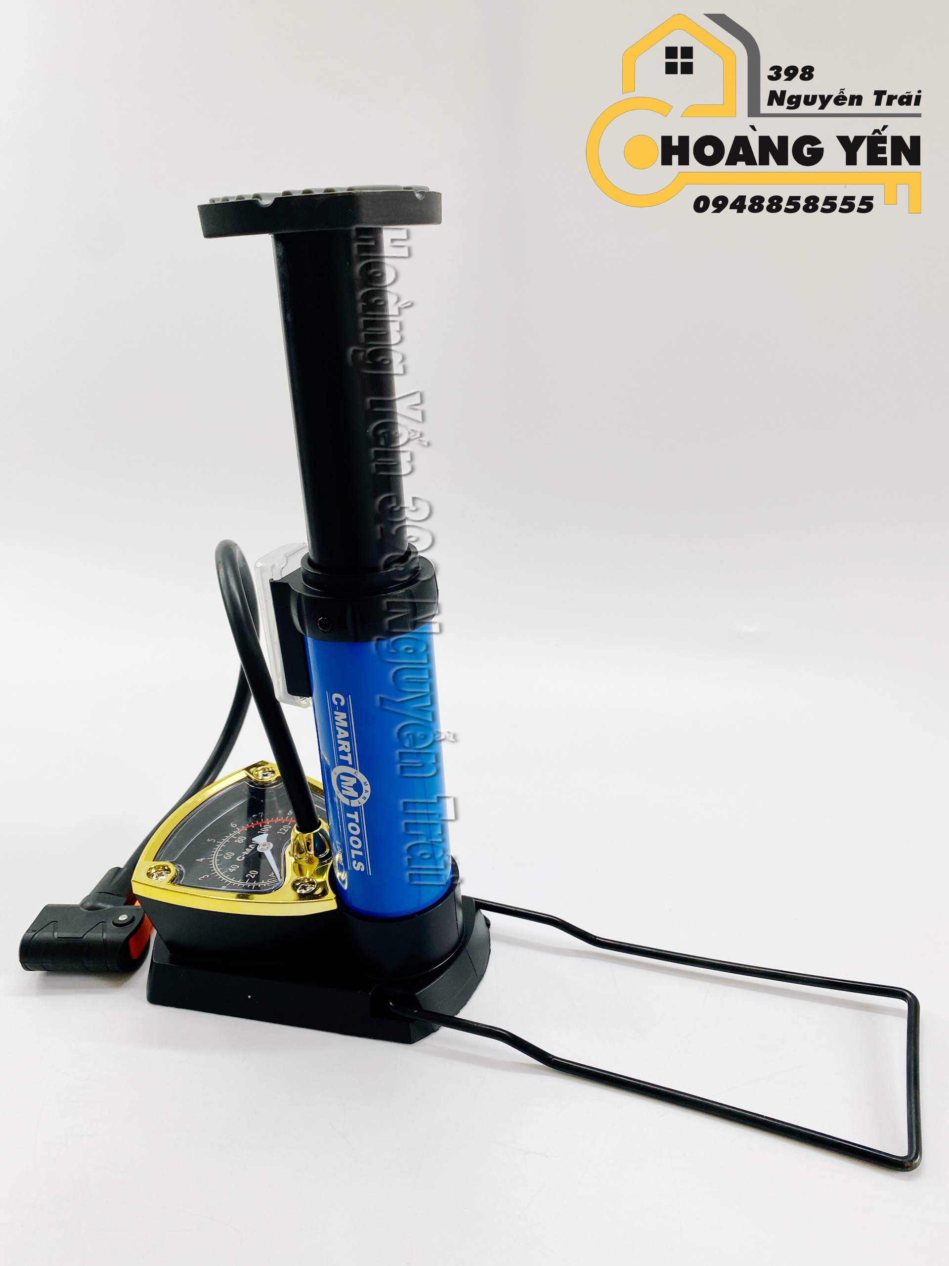 Bơm đạp chân mini, Bơm lốp mini có máy đo 1 ống cao cấp C-MART L0009 cao 190mm