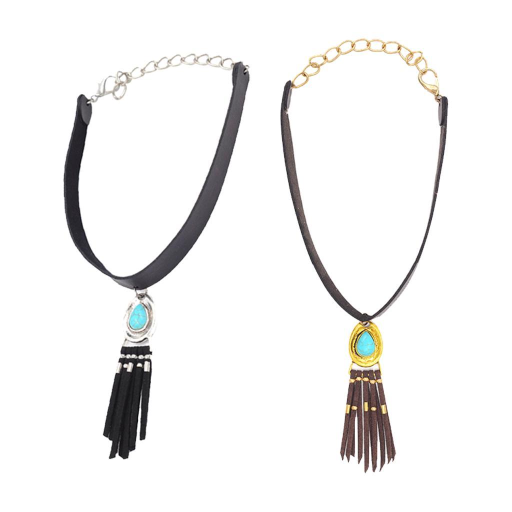 Women Bohemian PU Leather Choker Necklace Charm Pendant with Tassels