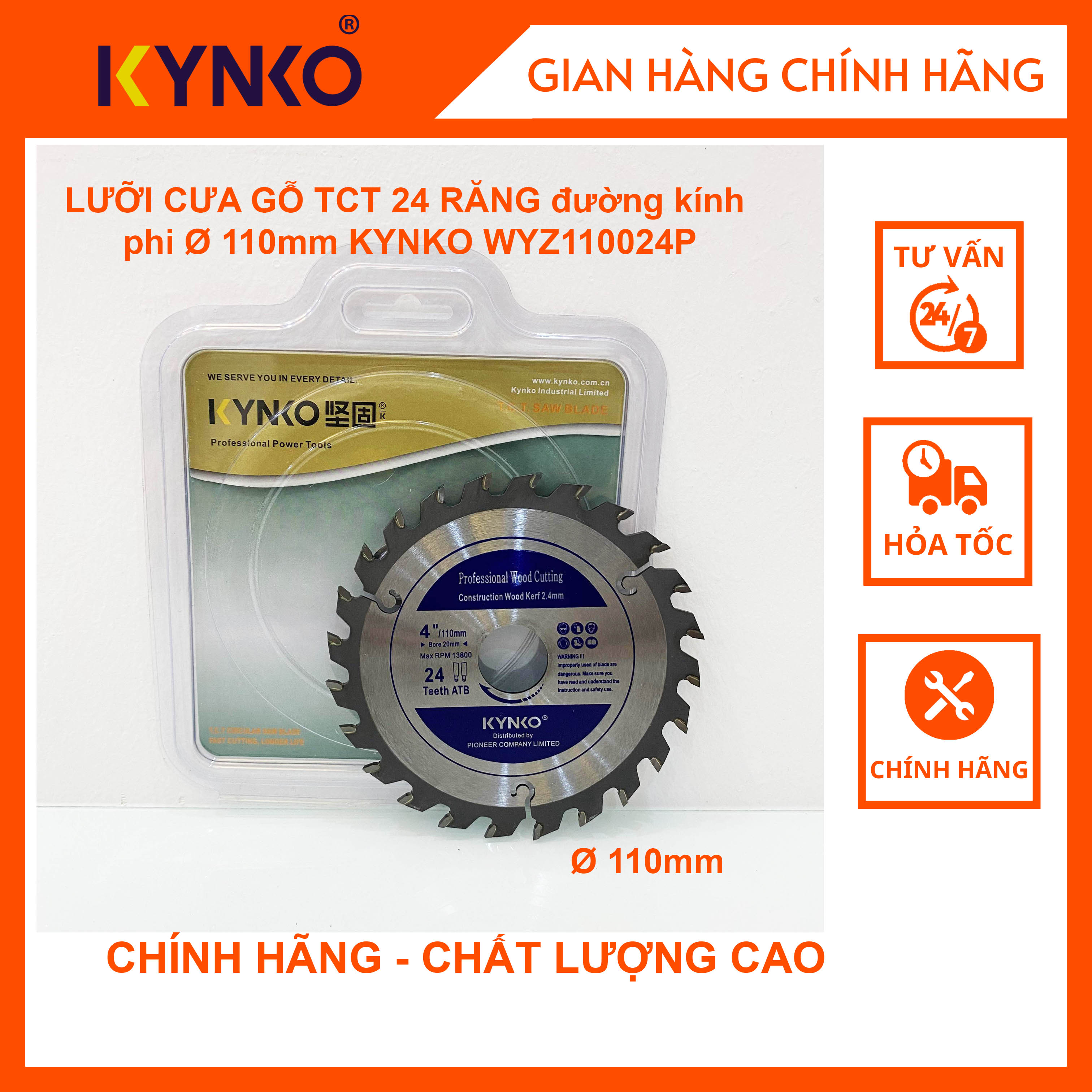 LƯỠI CƯA GỖ TCT 24 RĂNG đường kính phi Ø 110mm KYNKO WYZ110024P