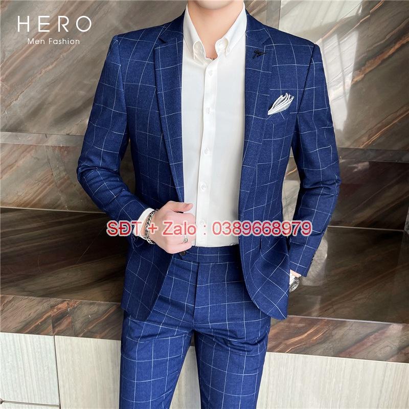 Bộ Vest Nam Cao Cấp 6 Cúc kẻ caro màu Xanh, Bộ Suit Nam Hàn Quốc Vải Sịn, Quần Tăng Chỉnh Vòng Bụng