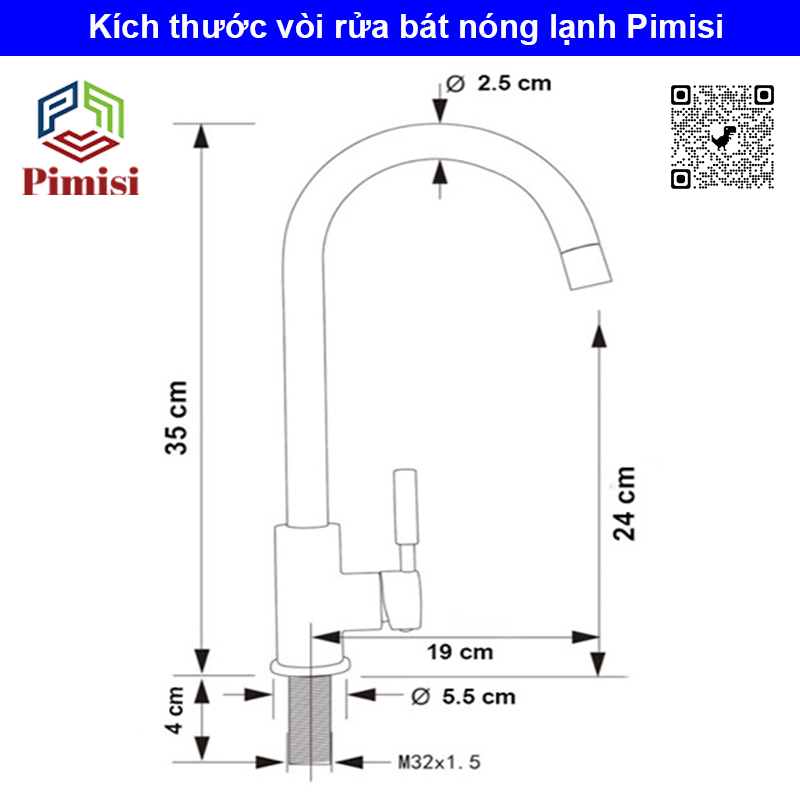 Vòi rửa bát nóng lạnh inox 304 Pimisi dùng cho chậu rửa chén bát trong nhà bếp gắn chậu - bàn đá, quay 360 độ dùng được cho chậu rửa chén 2 hố - đã kèm 2 sợi dây cấp nước | Hàng chính hãng