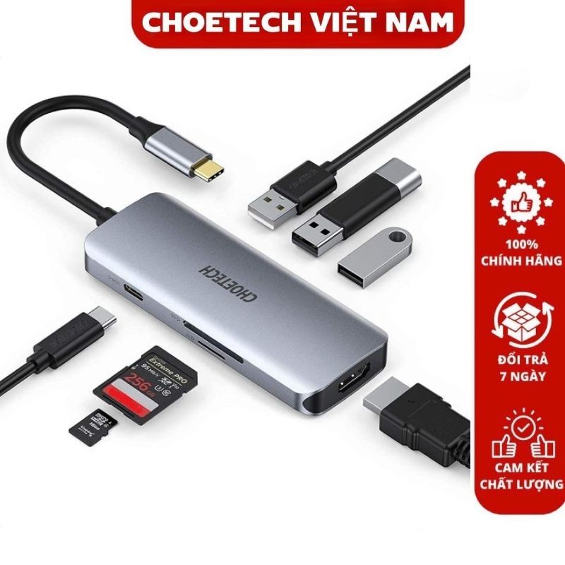 Hub chuyển đổi Type C 7 in 1 Choetech HUB-M19 (Type-C to HDMI+ USB*3+ PD 100W +SD/TF)- Hàng chính hãng