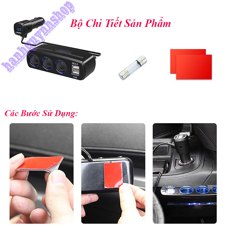 Bộ Chia Tẩu Sạc Ô Tô , Xe Hơi 3 Tẩu - 2 USB QC 3.0 120W Led