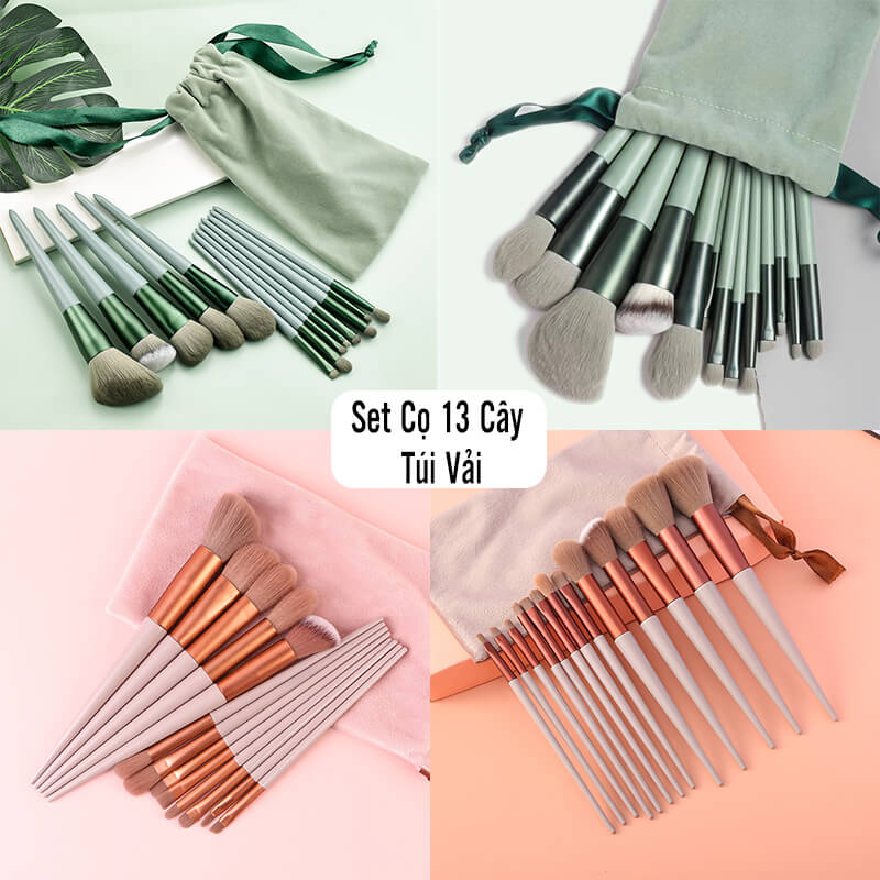 Set Cọ 13 Cây Túi Vải, Đầy Đủ Chức Năng Makeup, Tùy chọn Màu hồng và xanh trẻ trung, Lông Cọ Mềm, Cán Cọ Vừa Tay, trang điểm bám phấn tốt, tản đều mỹ phẩm, nhỏ gọn và tiện dụng, dễ dàng bảo quản