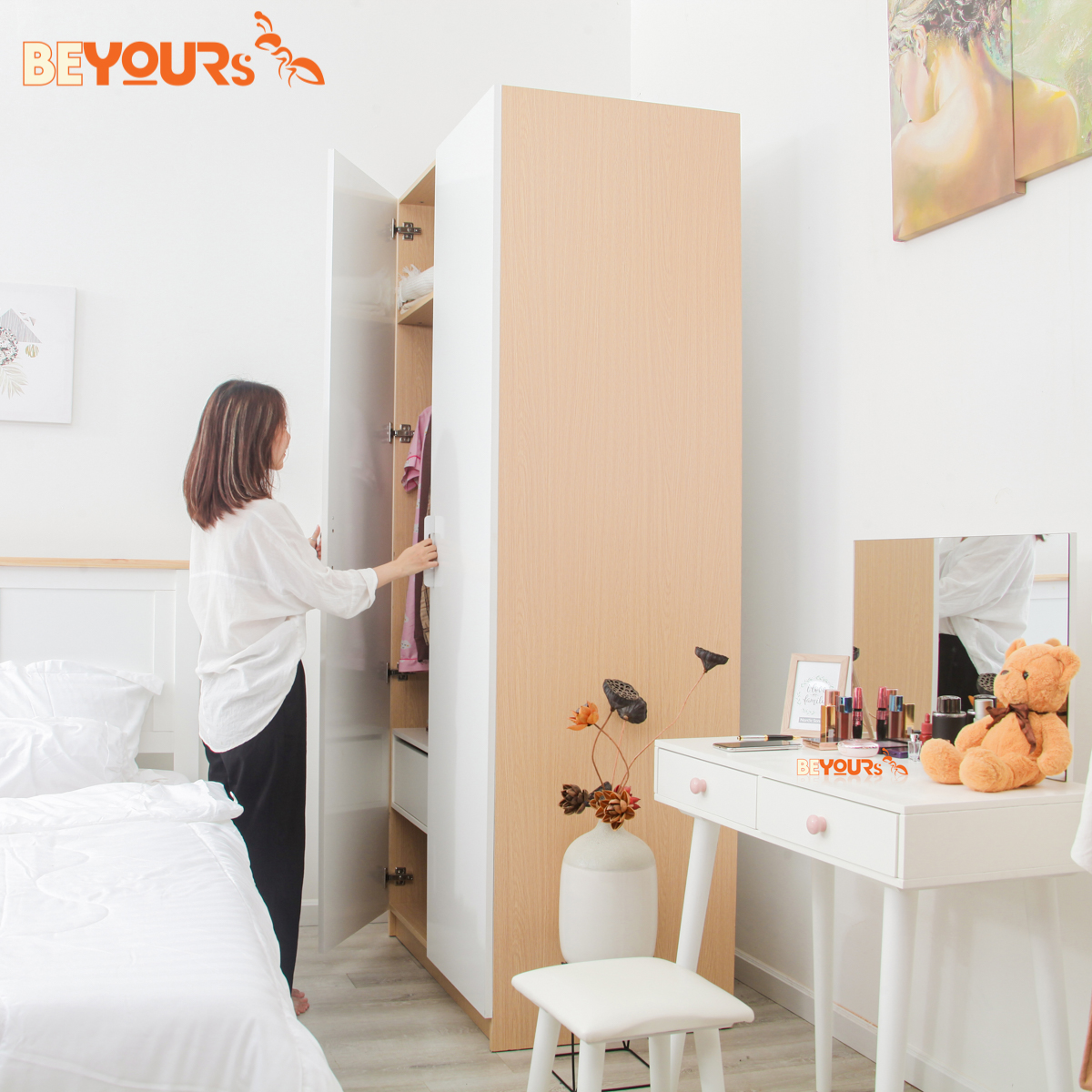 Tủ Quần Áo Gỗ Cửa Mở BEYOURs Mina 2 Cánh Màu Trắng Phối Gỗ Hiện Đại Thiết Kế Nhiều Ngăn Tiện Dụng