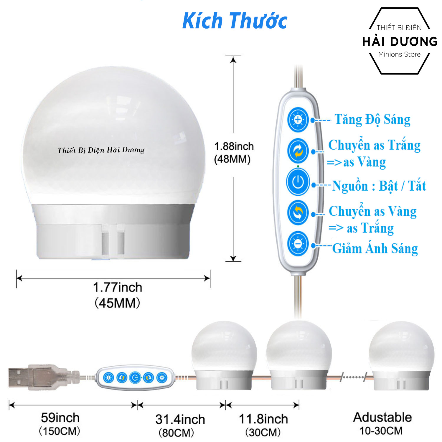 Set 10 bóng đèn LED chiếu sáng gương trang điểm BL-031 - Dán gương tiện lợi - 5 chế độ sáng - Tăng giảm ánh sáng