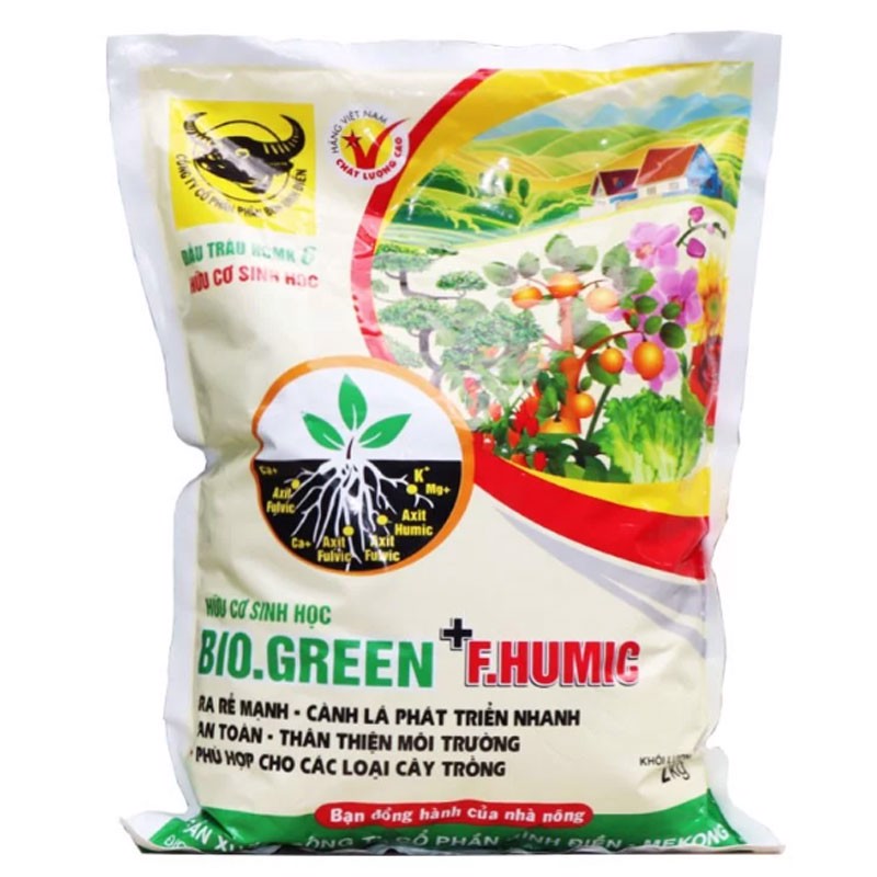 Phân bón đầu trâu hữu cơ sinh học BIO.GREEN + F.HUMIC giúp HẠ CHUA MẶN - RA RỄ NHANH gói 2KG