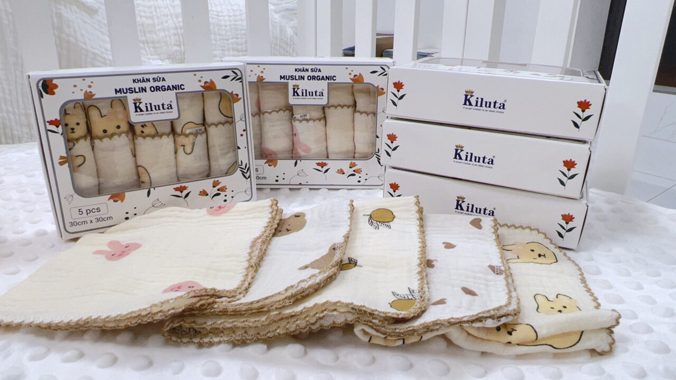 Hộp 5 khăn sữa cho bé 2 lớp chất vải Muslin Organic cao cấp, mềm mịn, thấm hút tốt KT 30x30cm