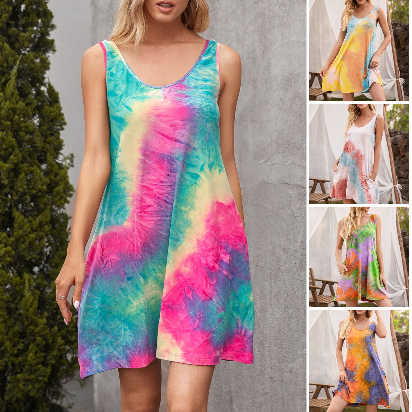 Women Mini Dress Tie Dye O Neck Sleeveless Side Pocket Casual Loose Tank Dress