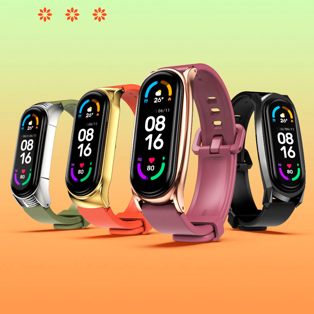 Dây Đeo Cao Su Cho Mi Band 7/6/5/4/3 Mặt Kim Loại MJOBS Cao Cấp, Khung Chất Liệu Thép Không Gỉ