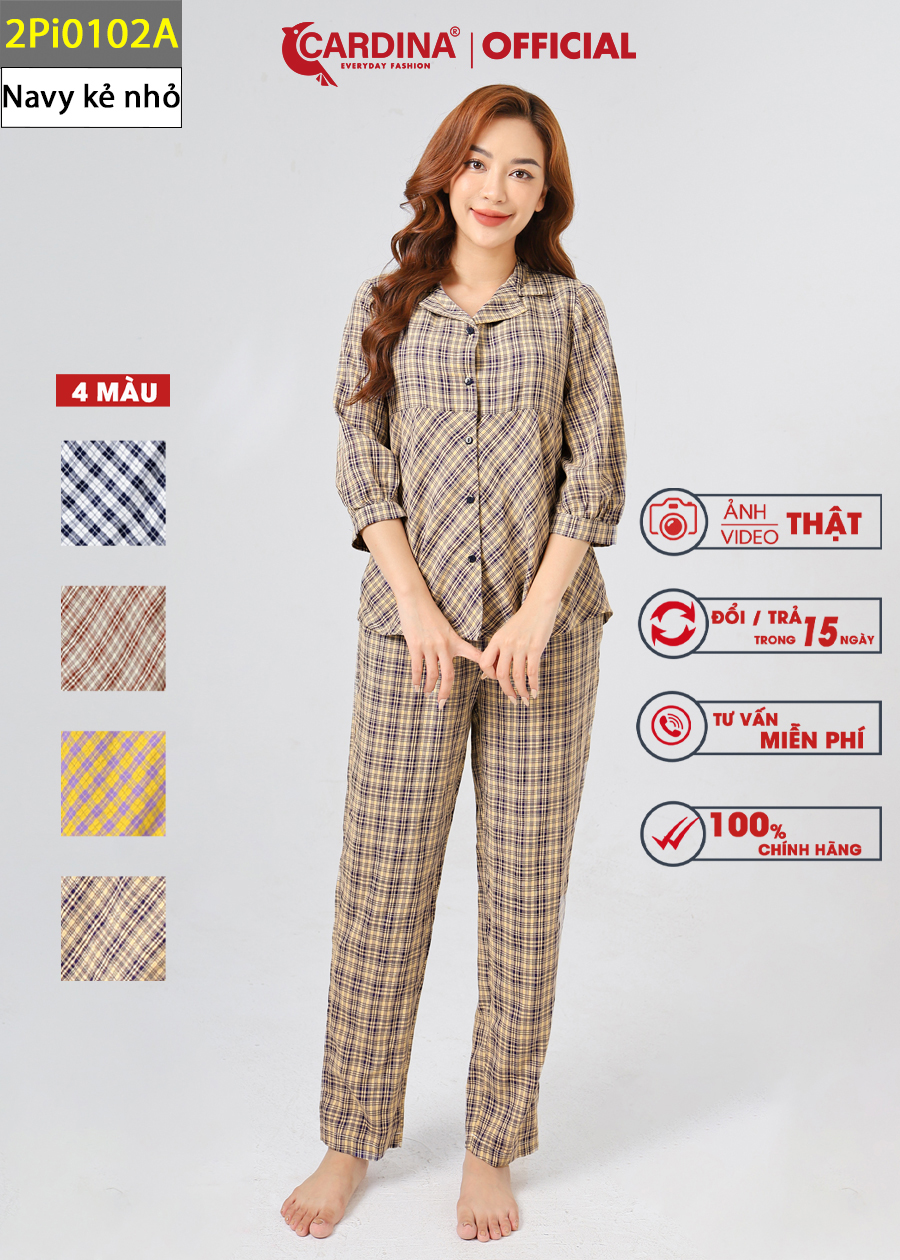 Đồ Bộ Pijama Nữ CARDINA Chất Thô Kẻ Nhật Cao Cấp Áo Tay Lỡ Quần Dài Đơn Giản Nhẹ Nhàng 2Pi01