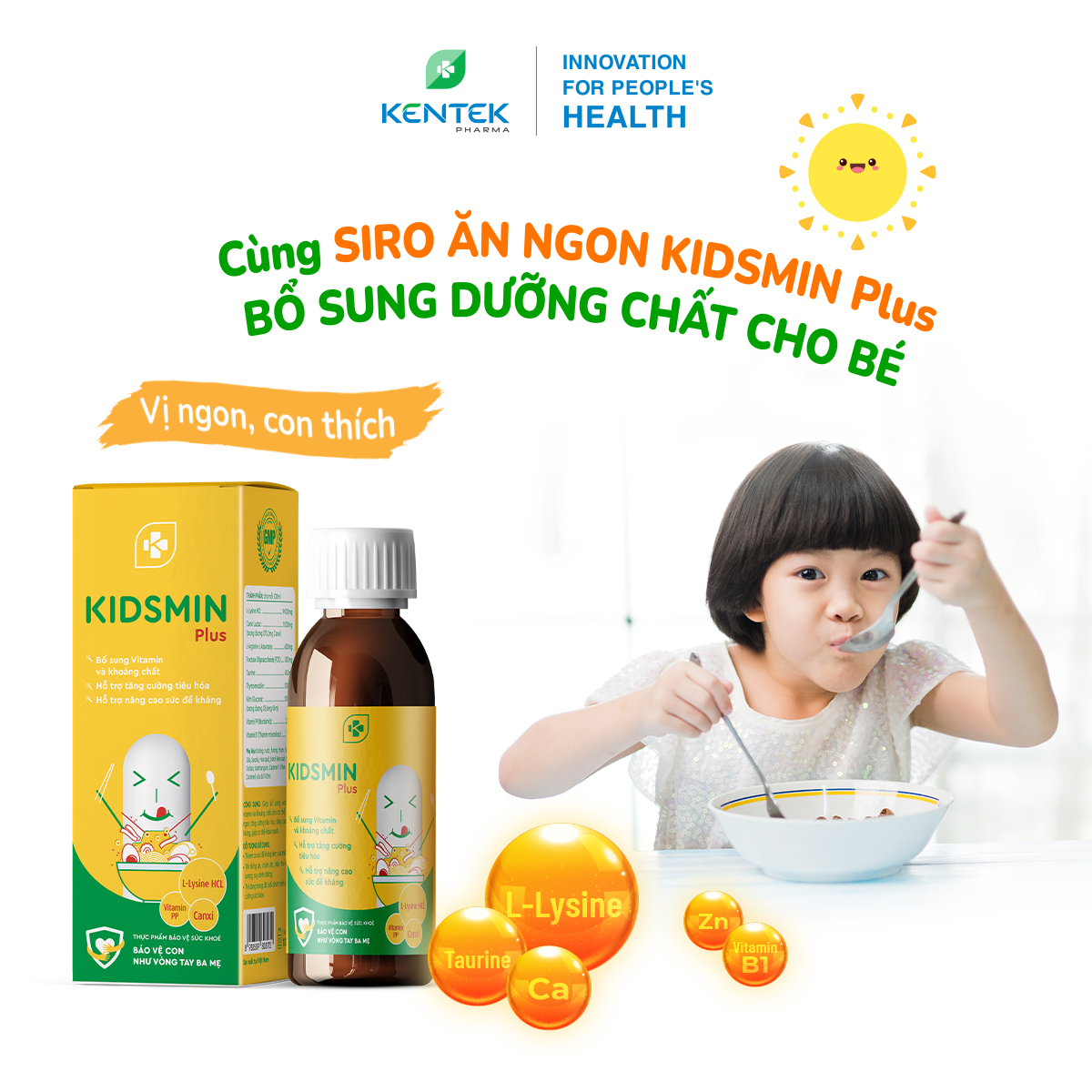 Siro ăn ngon, bổ sung dinh dưỡng, tăng hệ miễn dịch, phát triển toàn diện cho trẻ còi xương KIDSMIN PLUS | Kentek Pharrma | Chai 100ml