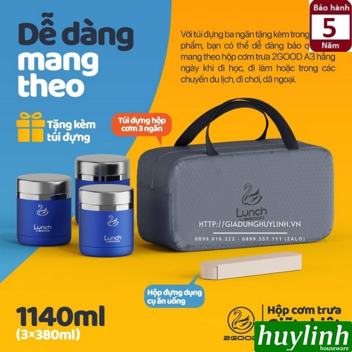 Bộ 3 hộp cơm trưa giữ nhiệt 2Good A3 - 1140ml - Tặng kèm muỗng nĩa - Hàng chính hãng