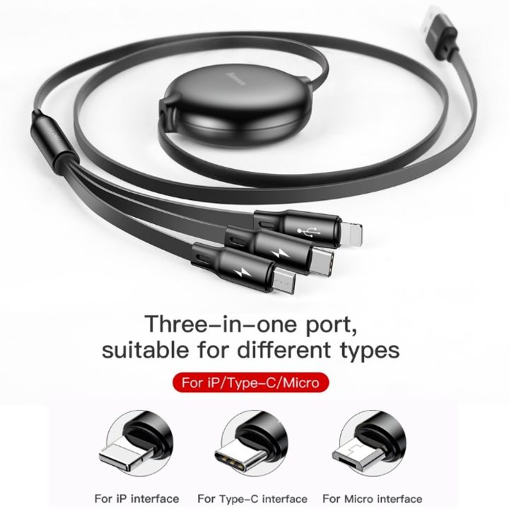 Dây cáp sạc 3 in 1nhãn hiệu Baseus CAMLT-ZY dây co rút, truyền tốc độ cao USB Type A to USB Type C/ Micro USB/ Lightning Fast Charging Cable - Hàng nhập khẩu