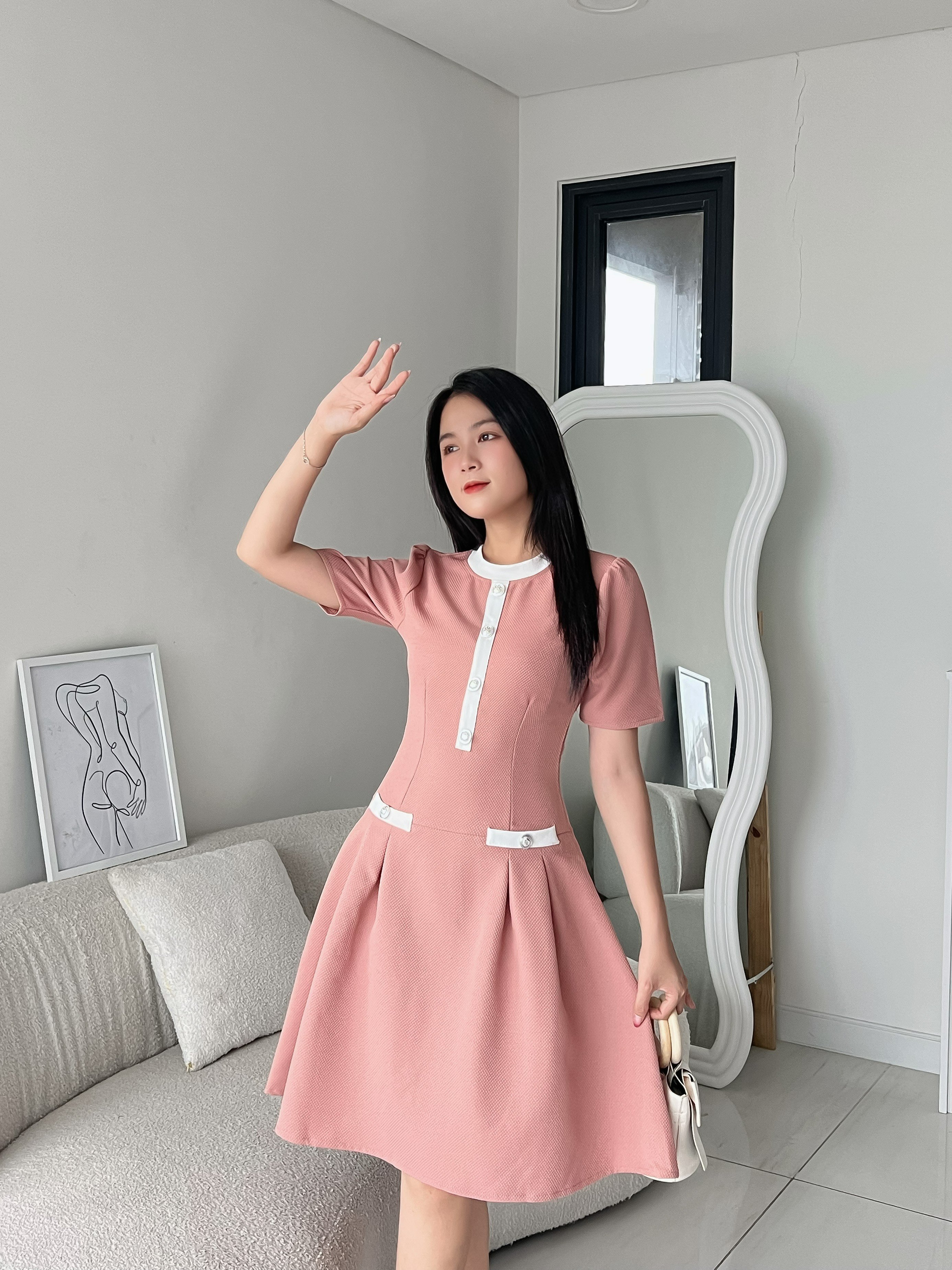 Đầm xòe phối cổ trụ trắng DA050 - Lady Fashion - Khánh Linh Style