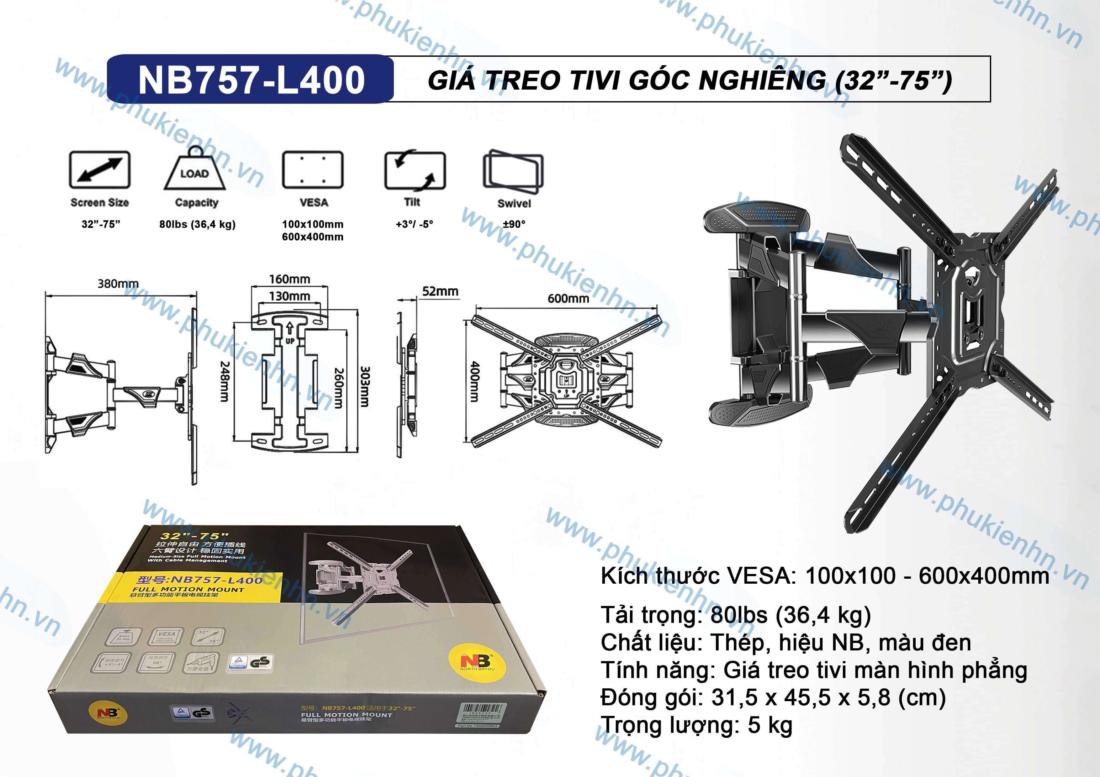 Giá treo ti vi góc xoay L400 (32 -75 inch )North bayou phiên bản cải tiến của NB P5