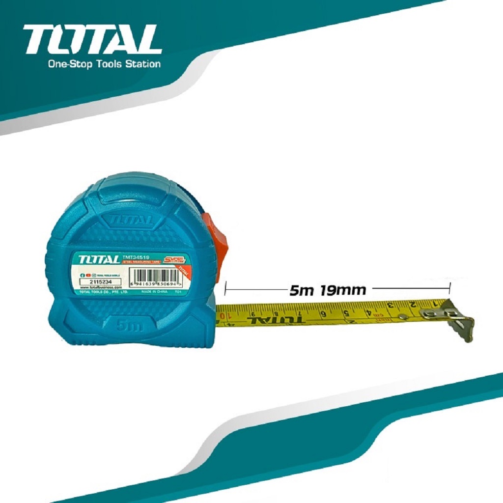 Thước cuộn thép nền vàng dài 3m-8m TOTAL - TMT34316, TMT34519, TMT34825, nhựa ABS cao cấp, đơn vị đo là cm và inch