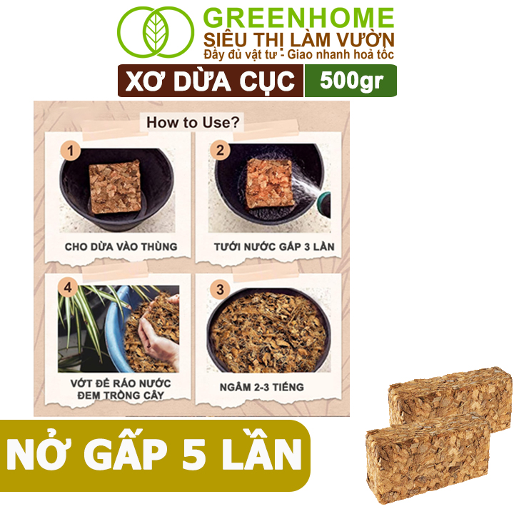 Xơ Dừa Cục Greenhome, Viên 500gr, Sơ Dừa Nén, Nở Gấp 5 Lần, Kích Thích Rễ, Thoát Nước Tốt Giá Thể Kiểng Lá, Phong Lan