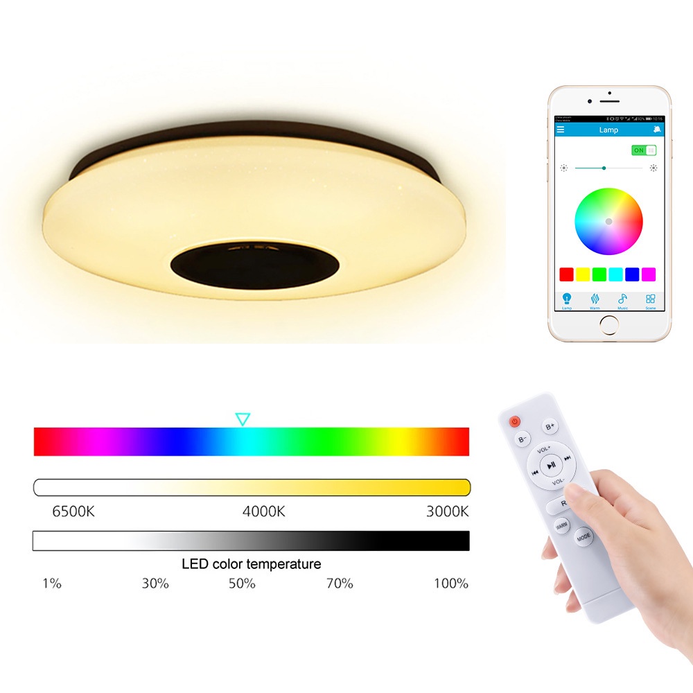 Đèn led ốp trần thông minh ZATO trang trí phòng khách, phòng ngủ, phòng ăn tích hợp loa bluetooth điều khiển qua App, remote