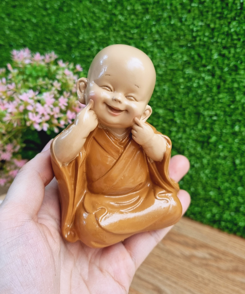 Bộ 03 tượng chú tiểu Tam Không áo nâu 10cm - tặng kèm 50 xu vàng mini may mắn