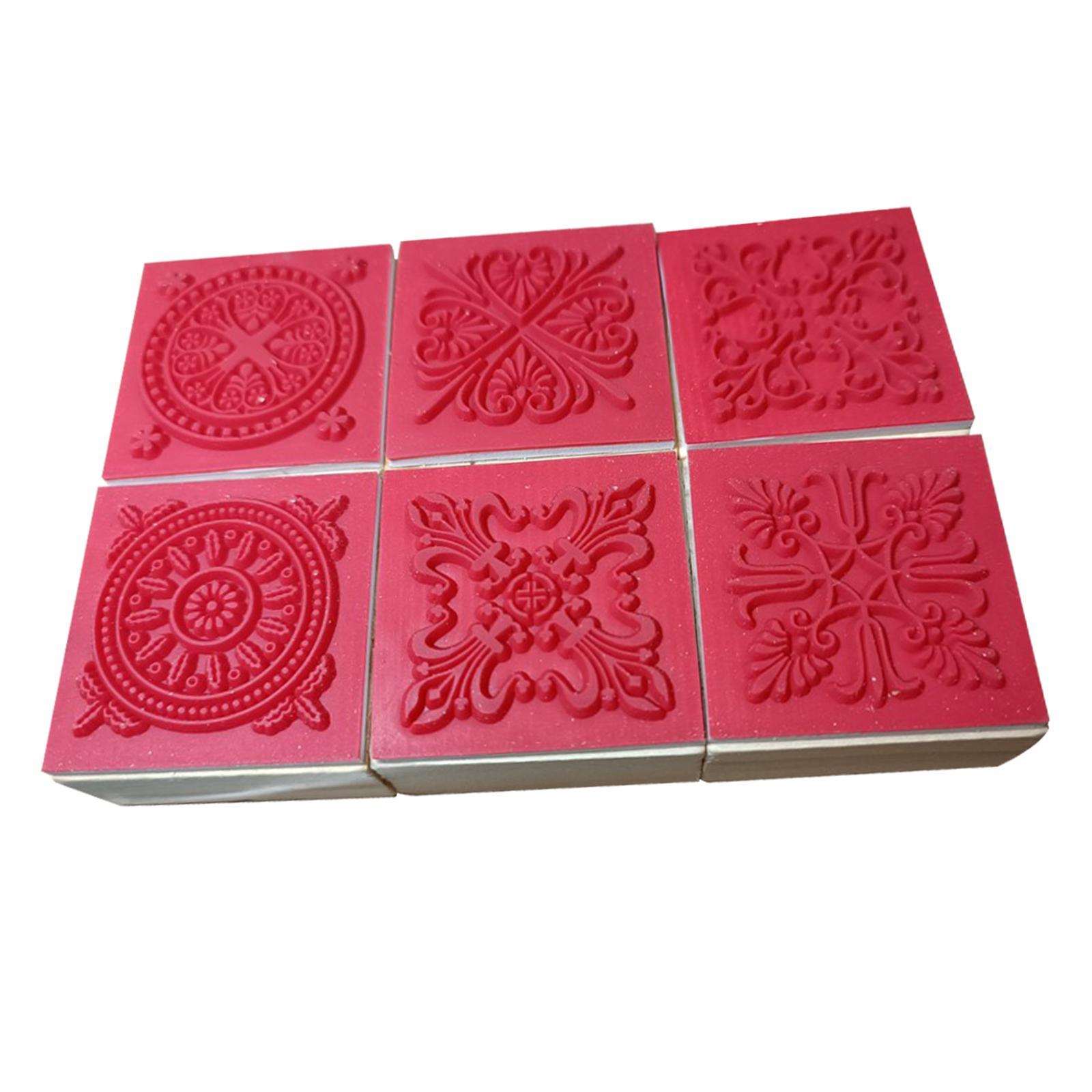 6x Wooden Stamp Decorative Stamp Vintage Wooden Rubber Stamp Floral Flower Pattern Square Decoration Clay Stamps Wooden Retro Pattern Stamp