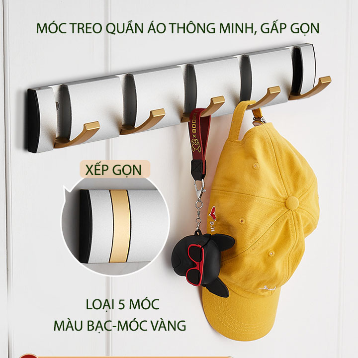 Thanh 5 móc treo quần áo thông minh gấp gọn bằng hợp kim nhôm sơn tĩnh điện, bền và sang trọng