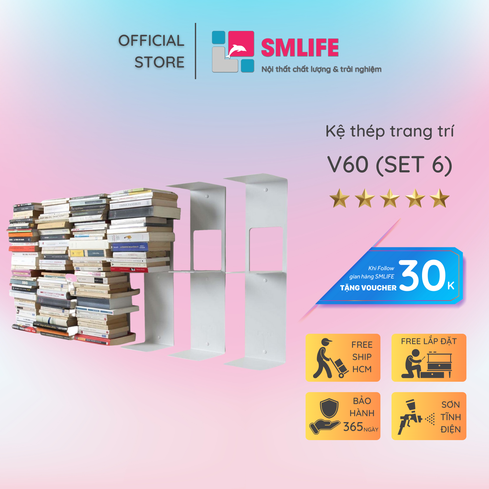 Bộ 6 Kệ Sách Treo Tường SMLIFE V60 - Bằng Thép Sơn Tĩnh Điện Hiện Đại Tiết Tiệm Không Gian Lưu Trữ Sách Cho Căn Hộ Nhỏ