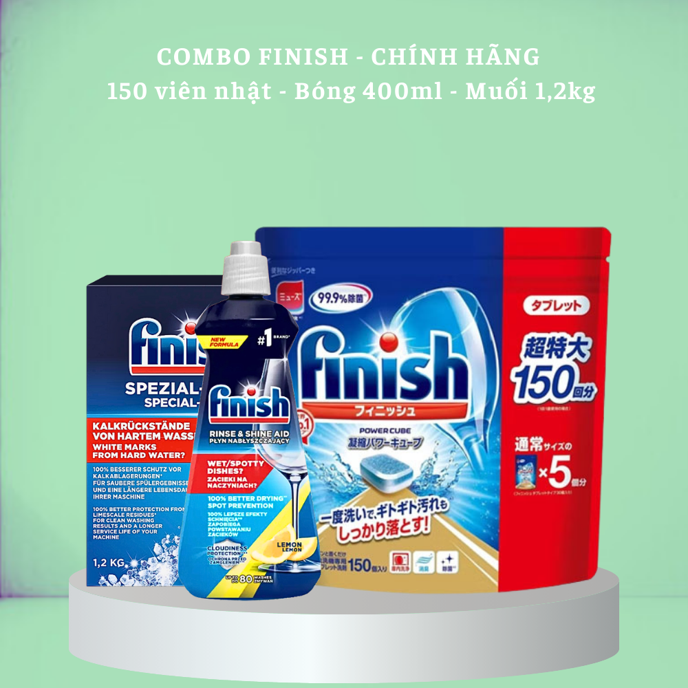 Combo Viên rửa bát Finish Nhật 150 viên  Muối Finish 1,2kg  Nước làm bóng Finish 400ml – Combo 150 viên  muối 1kg bóng 400ml – Giá rẻ nhất chỉ có tại siêu thị Hanoimart