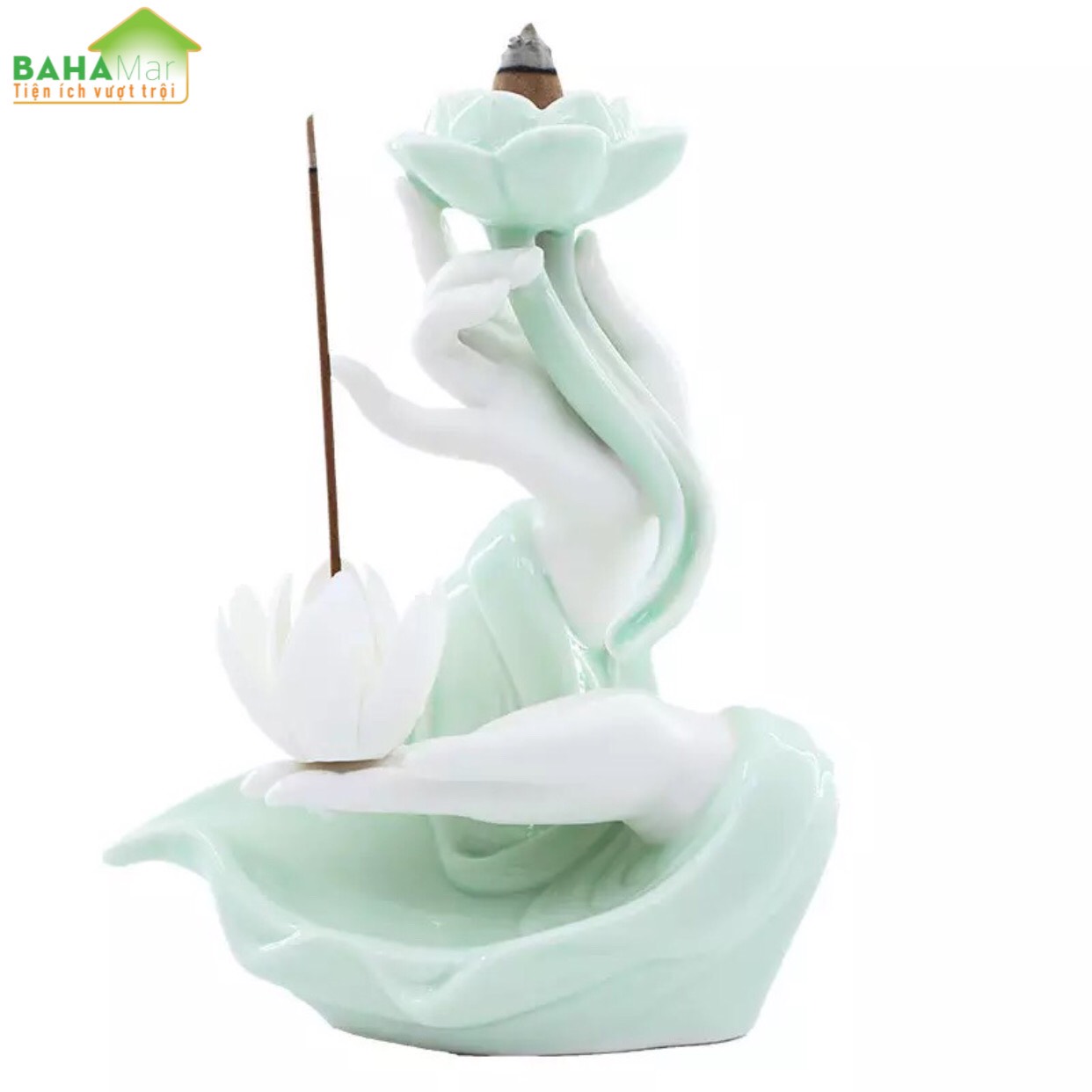THÁC KHÓI TRẦM HƯƠNG CHẢY NGƯỢC TAY PHẬT CẦM NHÀNH SEN TRANG TRÍ MEN NGỌC "BAHAMAR" Hương với thiết kế chảy dài đổ khói hơi nước tạo nên sự bí ẩn khí quyển.