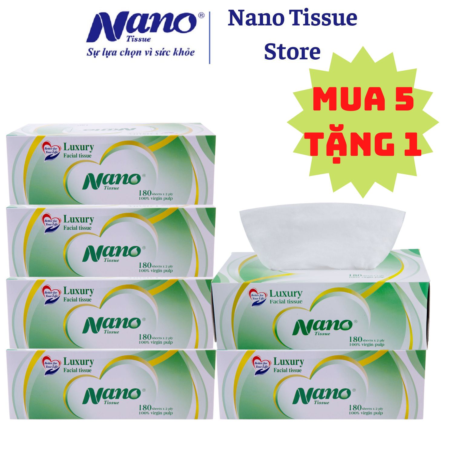 Combo 5 hộp khăn giấy rút Nano, khăn giấy lụa nano 2 lớp hộp 180 tờ tiện dụng, an toàn- Nano Tissue