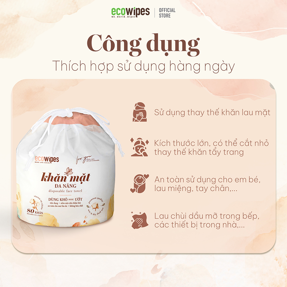 Combo 05 túi khăn mặt khô đa năng Ecowipes cuộn 80 tờ size khăn 20x20cm dùng 1 lần lau khô lau ướt giấy lau mặt dùng một lần